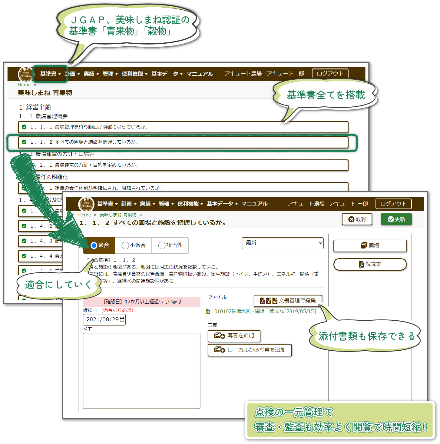 JGAP、美味しまね認証基準書「青果物」「穀物」などの基準書を全て搭載。適合していくことでチェックできる。点検の一元管理で審査・監査も効率よく閲覧できて時間短縮！