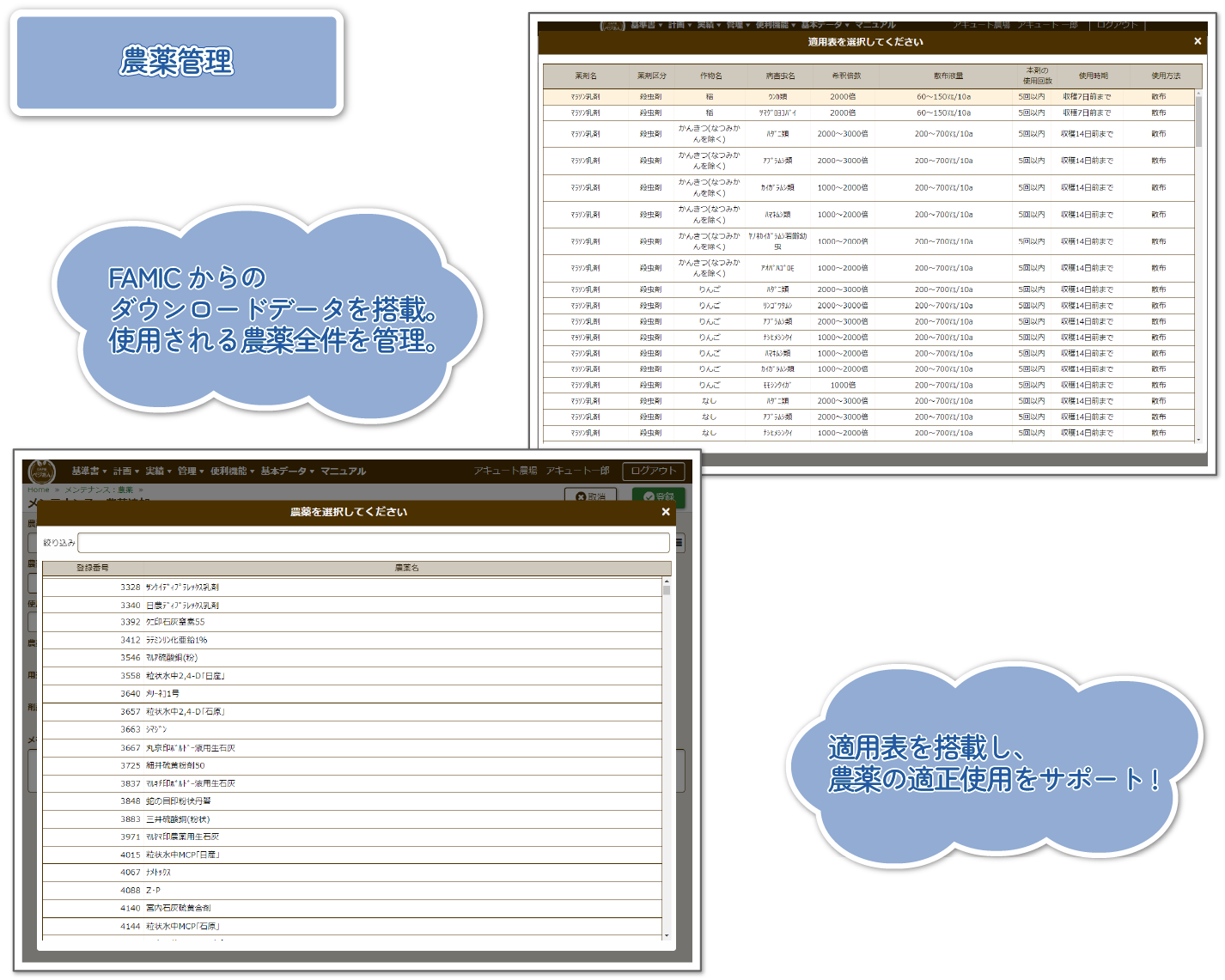「農薬管理」FAMICからのダウンロードデータを搭載。使用される農薬全件を管理。適用表を搭載し、農薬の適正使用をサポート！