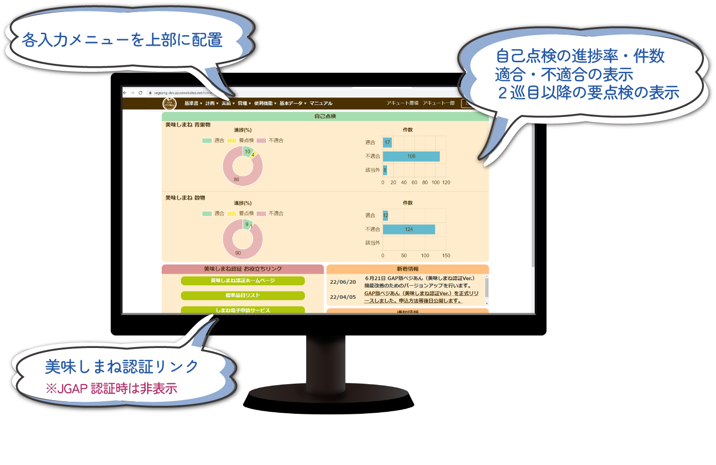 作業記録は全てスマートフォン版で記録。播種・定植から出荷まで、上流工程から下流工程まで順に並ぶメニューボタン。トレーサビリティのつながりを意識したボタン配置。パソコン、スマートフォン、タブレットのどの端末でもいつでも、どこでも、何人の方でも入力が可能。場所や時間を選ばず入力が可能です。